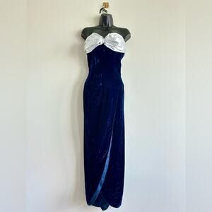 Vintage 80s Victor Costas Strapless Blue Velvet Gown Silver Lamé Bodice Size 10